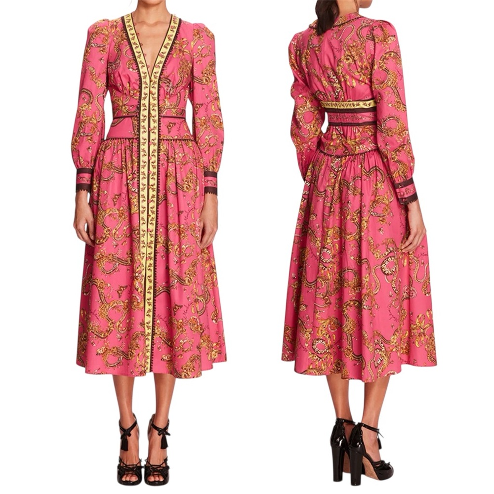 Marchesa Rosa Cotton Tansy Paisley Print  Long Sleeve Midi Dress Size 8 NWT